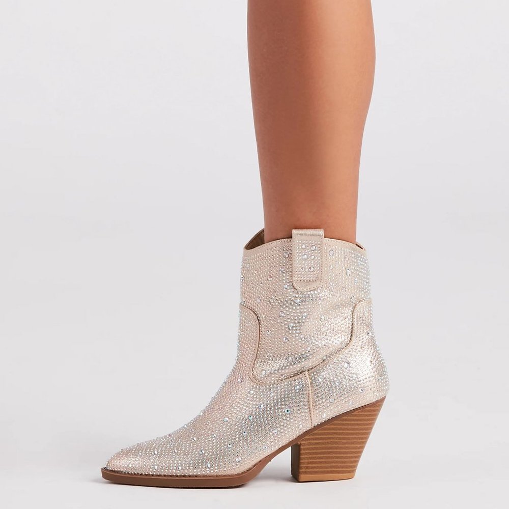 NEW🔥 Champagne Rhinestone Cowboy Cowgirl Western Booties Ankle Boots Block Heel - Picture 4 of 6